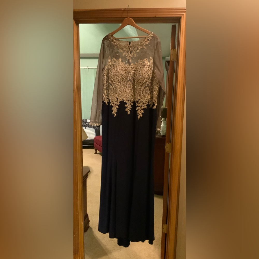 XScape Plus Size Embroidered Dark Blue Long Sleeve Evening Dress 22W Price Firm